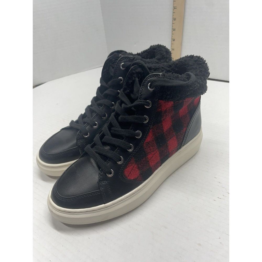Marc Fisher Fellow Buffalo Plaid Faux Shearling Cuff High Top Sneaker Women's 7
